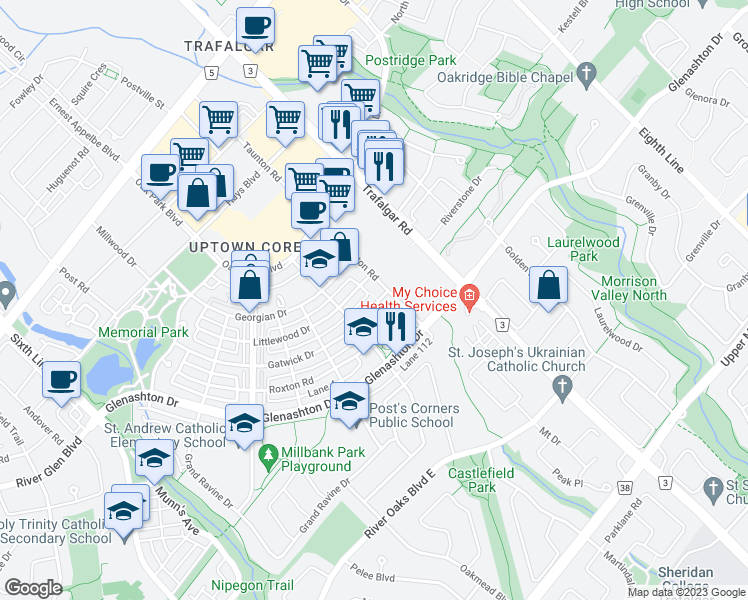 map of restaurants, bars, coffee shops, grocery stores, and more near 267 Gatwick Drive in Oakville