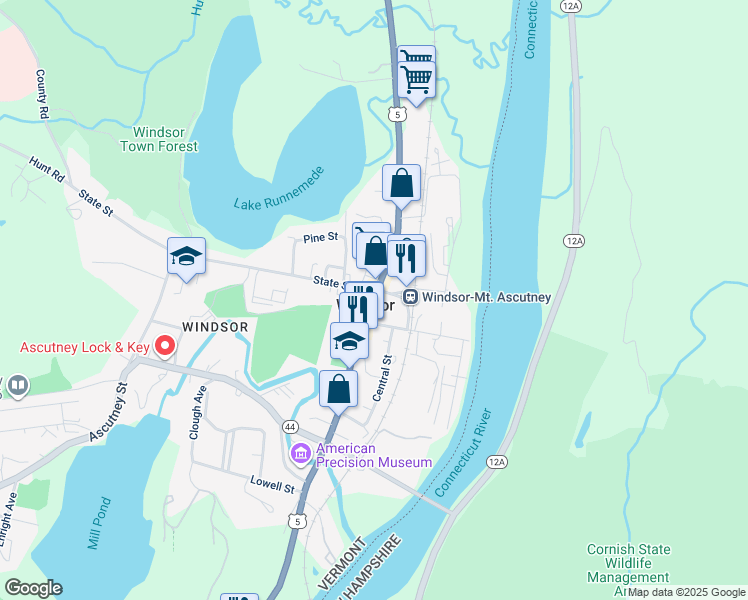 map of restaurants, bars, coffee shops, grocery stores, and more near Main Street in Windsor