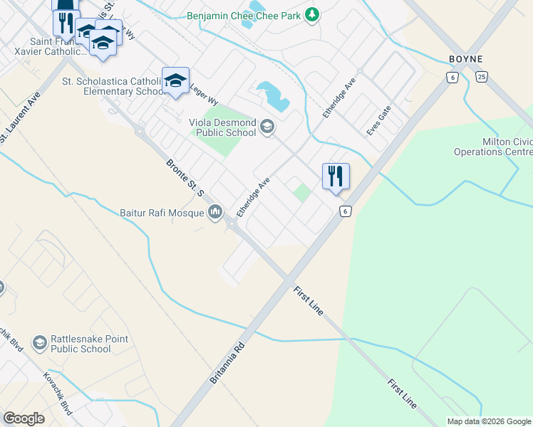 map of restaurants, bars, coffee shops, grocery stores, and more near 1532 Chretien Street in Milton