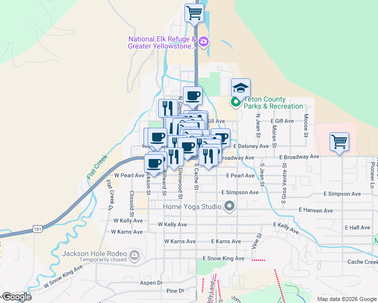 map of restaurants, bars, coffee shops, grocery stores, and more near 50 Glenwood Street in Jackson