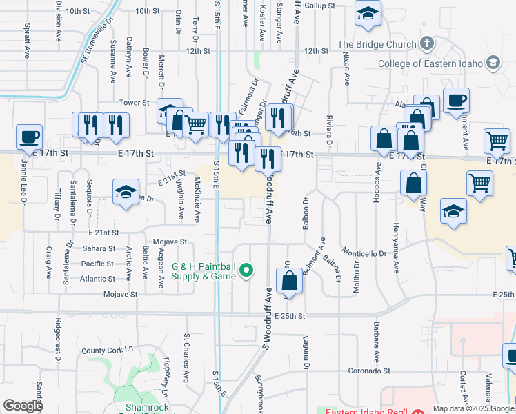 map of restaurants, bars, coffee shops, grocery stores, and more near 1592 East 17th Street in Idaho Falls