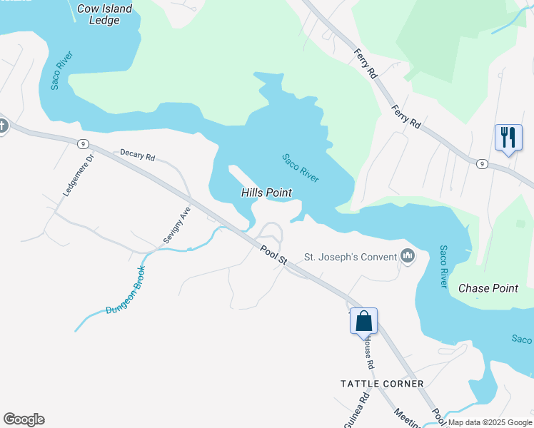 map of restaurants, bars, coffee shops, grocery stores, and more near 355 Pool Street in Biddeford