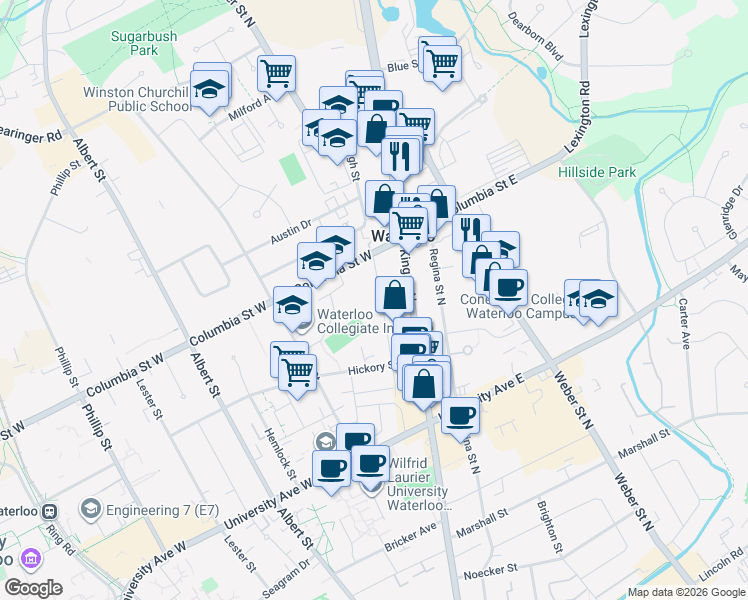 map of restaurants, bars, coffee shops, grocery stores, and more near 341 Spruce Street in Waterloo