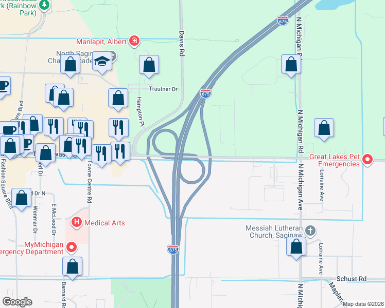 map of restaurants, bars, coffee shops, grocery stores, and more near Interstate 675 in Saginaw
