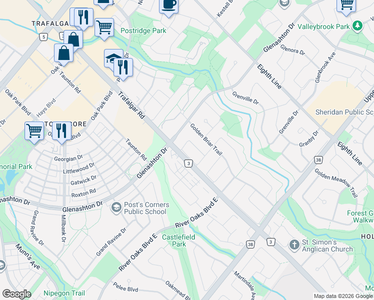 map of restaurants, bars, coffee shops, grocery stores, and more near 303 Hickory Circle in Oakville