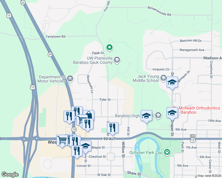 map of restaurants, bars, coffee shops, grocery stores, and more near 830 Connie Road in Baraboo