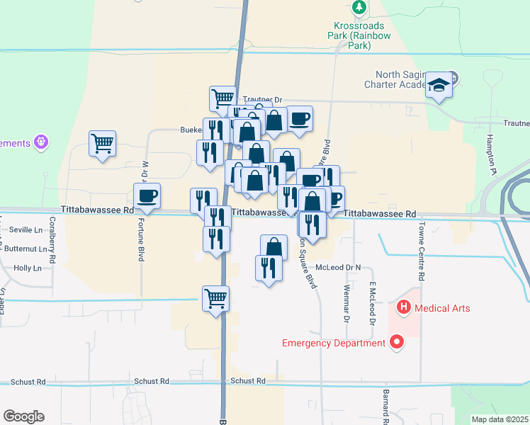 map of restaurants, bars, coffee shops, grocery stores, and more near 2860 Tittabawassee Road in Saginaw