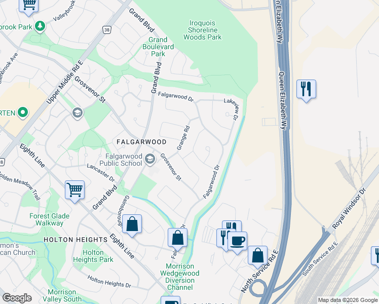 map of restaurants, bars, coffee shops, grocery stores, and more near 1264 Landfair Crescent in Oakville