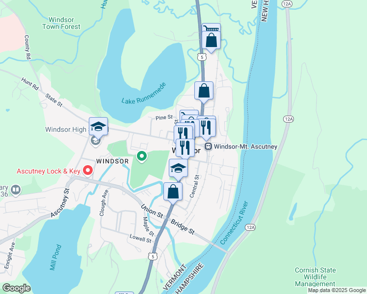 map of restaurants, bars, coffee shops, grocery stores, and more near 13 State Street in Windsor