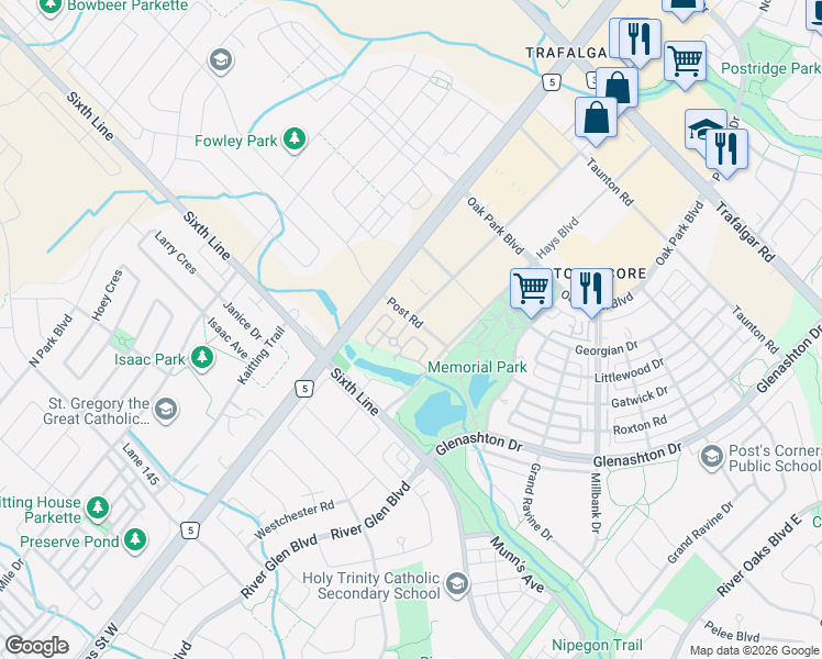 map of restaurants, bars, coffee shops, grocery stores, and more near 2472 Post Road in Oakville