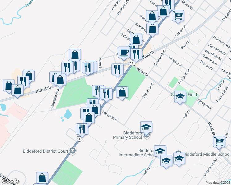 map of restaurants, bars, coffee shops, grocery stores, and more near 426 Elm Street in Biddeford