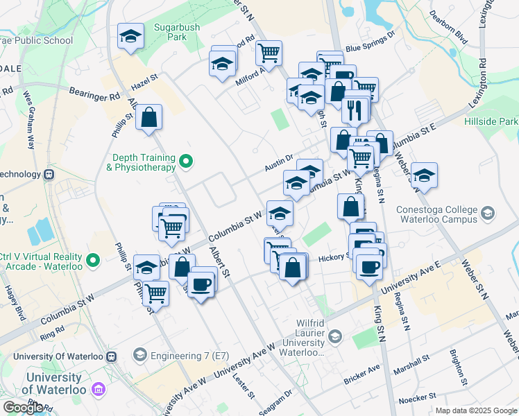 map of restaurants, bars, coffee shops, grocery stores, and more near 64 Columbia Street West in Waterloo