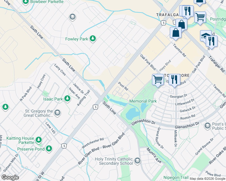 map of restaurants, bars, coffee shops, grocery stores, and more near 41 Dundas Street East in Oakville