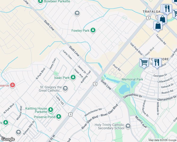 map of restaurants, bars, coffee shops, grocery stores, and more near 11 Kaitting Trail in Oakville