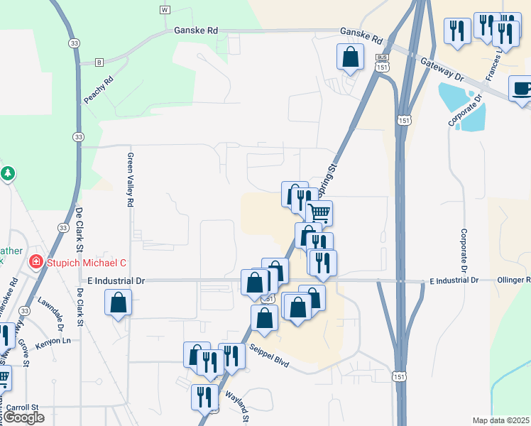 map of restaurants, bars, coffee shops, grocery stores, and more near 1734 North Spring Street in Beaver Dam