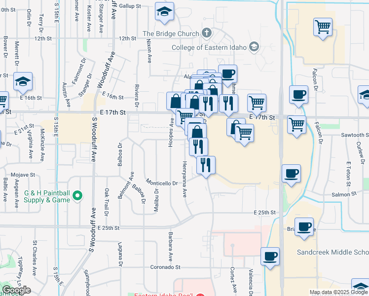 map of restaurants, bars, coffee shops, grocery stores, and more near 1930 Henryanna Avenue in Idaho Falls