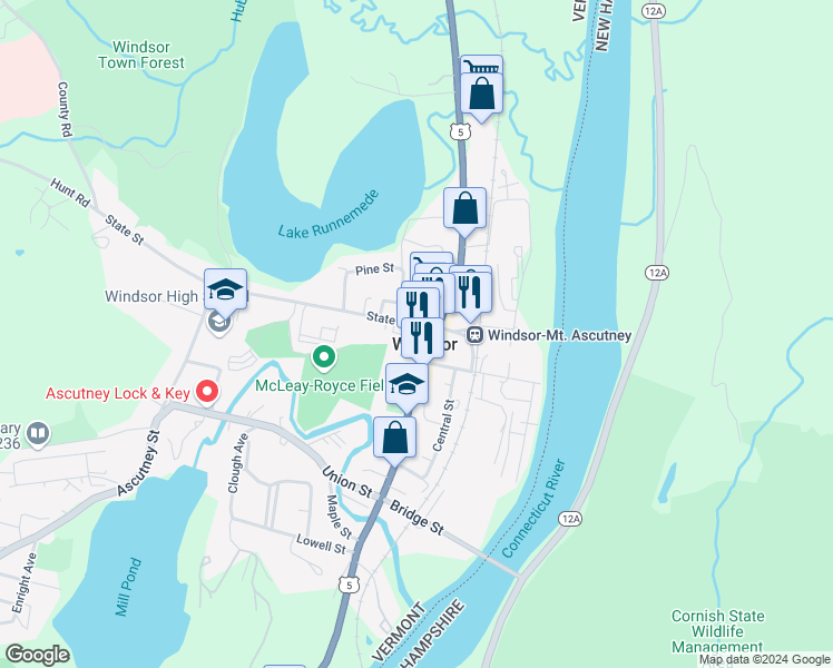 map of restaurants, bars, coffee shops, grocery stores, and more near in Windsor