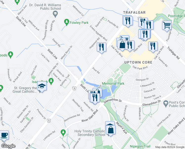 map of restaurants, bars, coffee shops, grocery stores, and more near 2484 Post Road in Oakville