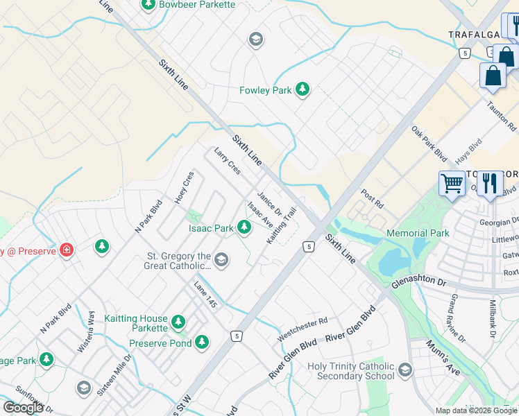 map of restaurants, bars, coffee shops, grocery stores, and more near 3071 Isaac Avenue in Oakville