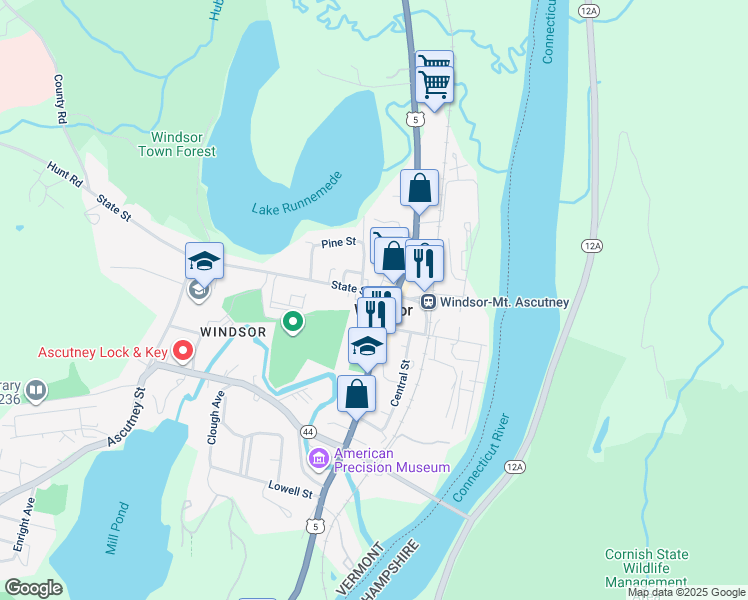 map of restaurants, bars, coffee shops, grocery stores, and more near 17 State Street in Windsor