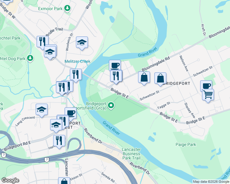 map of restaurants, bars, coffee shops, grocery stores, and more near 42 Waterloo Regional Road 52 in Kitchener