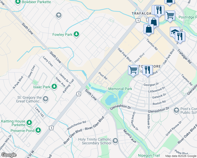 map of restaurants, bars, coffee shops, grocery stores, and more near 2488 Post Road in Oakville