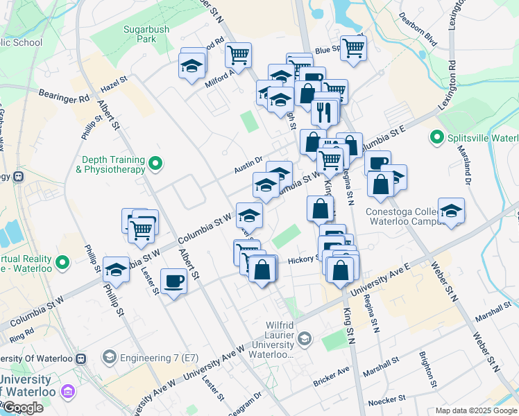 map of restaurants, bars, coffee shops, grocery stores, and more near 49 Columbia Street West in Waterloo