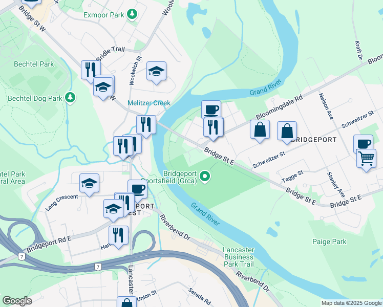 map of restaurants, bars, coffee shops, grocery stores, and more near 14 Bloomingdale Road South in Kitchener