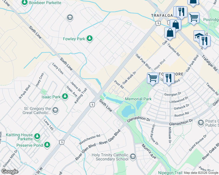 map of restaurants, bars, coffee shops, grocery stores, and more near 2504 Post Road in Oakville