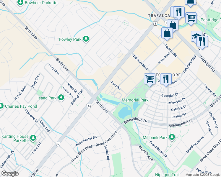 map of restaurants, bars, coffee shops, grocery stores, and more near in Oakville