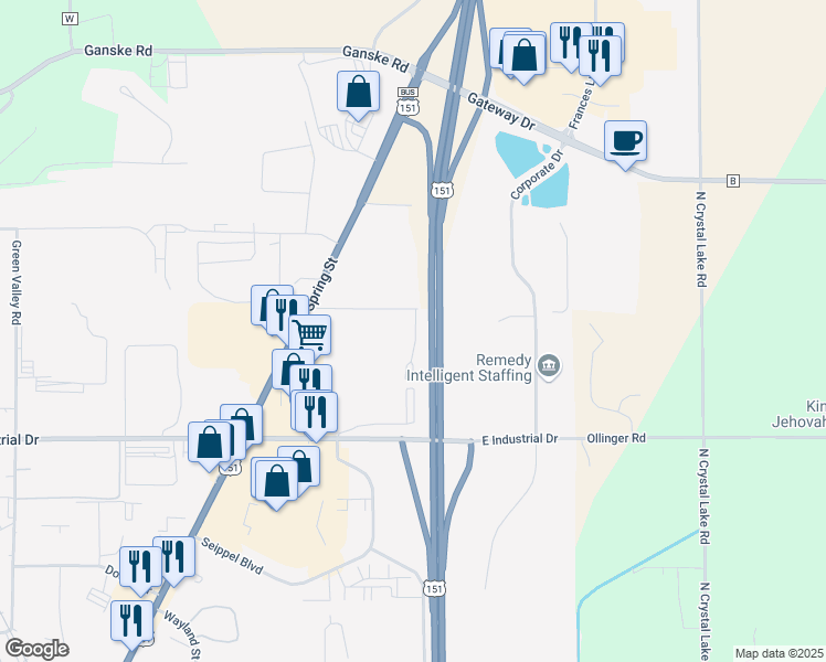 map of restaurants, bars, coffee shops, grocery stores, and more near 117 Knaup Drive in Beaver Dam