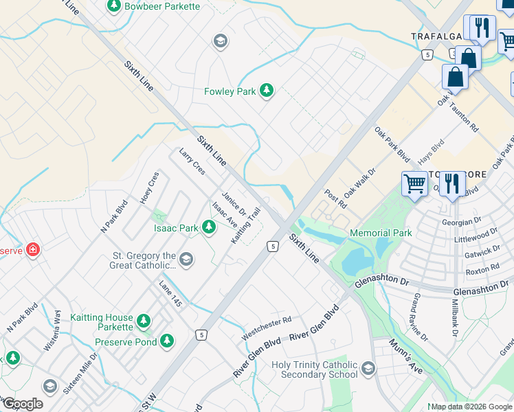 map of restaurants, bars, coffee shops, grocery stores, and more near 3048 Sixth Line in Oakville