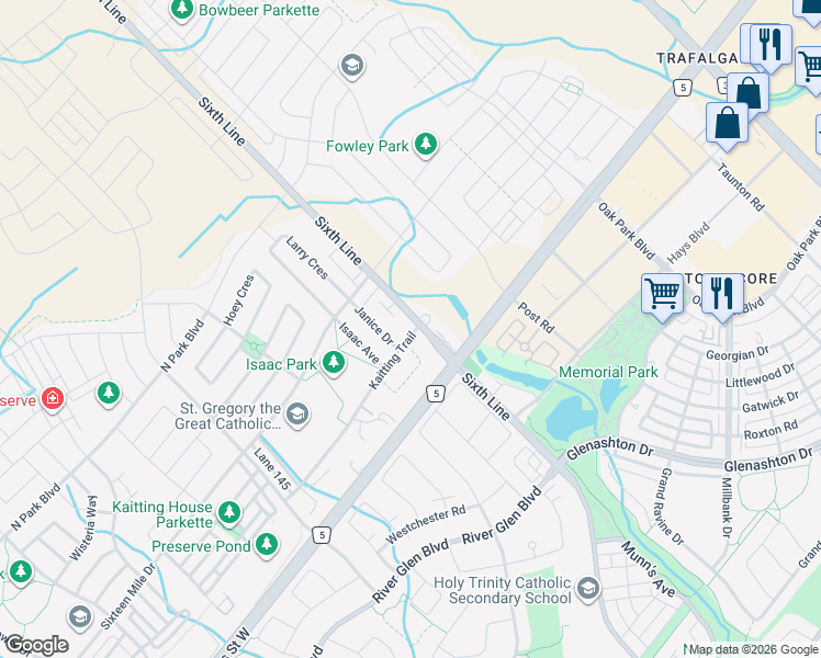 map of restaurants, bars, coffee shops, grocery stores, and more near 3048 Sixth Line in Oakville