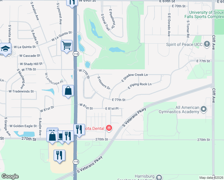 map of restaurants, bars, coffee shops, grocery stores, and more near 300 East Shadow Creek Lane in Sioux Falls
