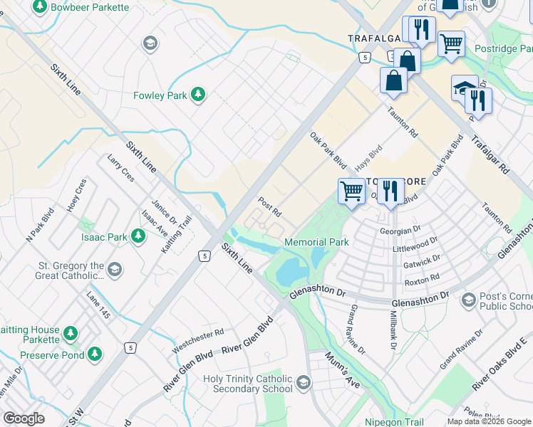 map of restaurants, bars, coffee shops, grocery stores, and more near 2472 Post Road in Oakville