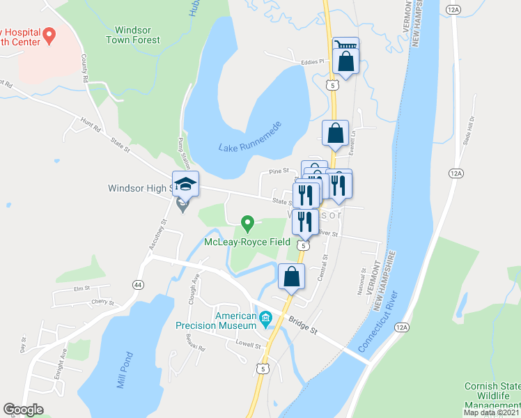 map of restaurants, bars, coffee shops, grocery stores, and more near 63 State Street in Windsor