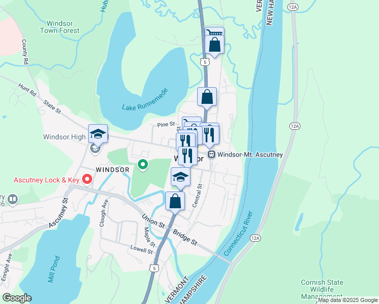 map of restaurants, bars, coffee shops, grocery stores, and more near 12 State Street in Windsor