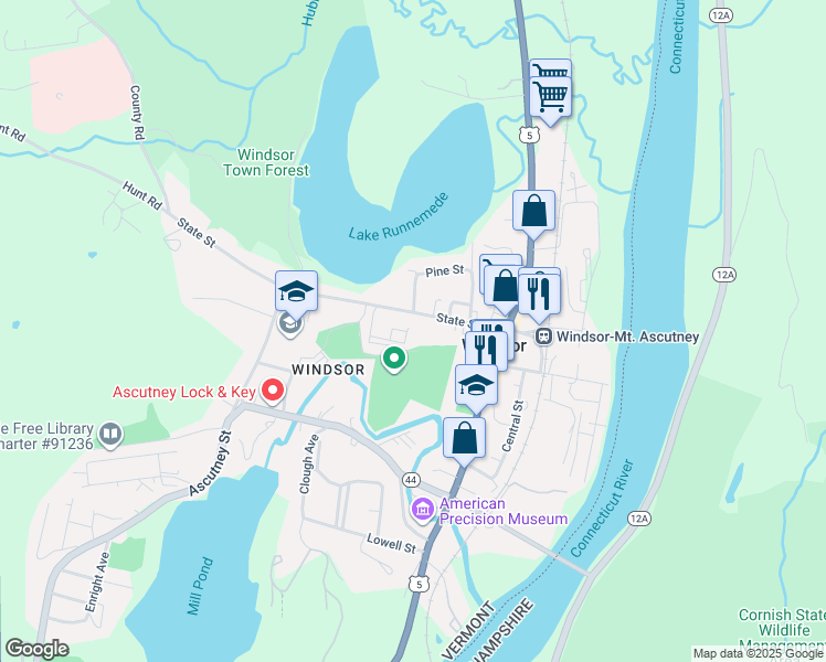 map of restaurants, bars, coffee shops, grocery stores, and more near 61 State Street in Windsor