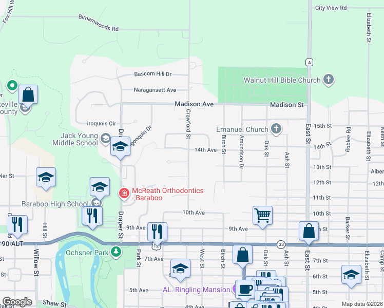 map of restaurants, bars, coffee shops, grocery stores, and more near 425 14th Avenue in Baraboo