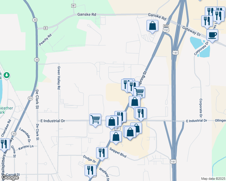map of restaurants, bars, coffee shops, grocery stores, and more near 1734 North Spring Street in Beaver Dam