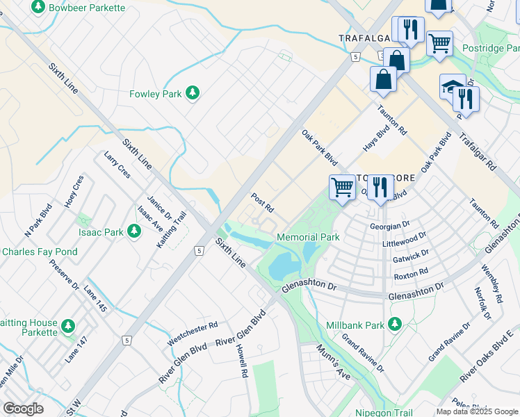 map of restaurants, bars, coffee shops, grocery stores, and more near 2472 Post Road in Oakville