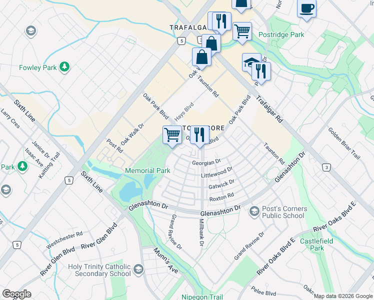 map of restaurants, bars, coffee shops, grocery stores, and more near 2379 Central Park Drive in Oakville