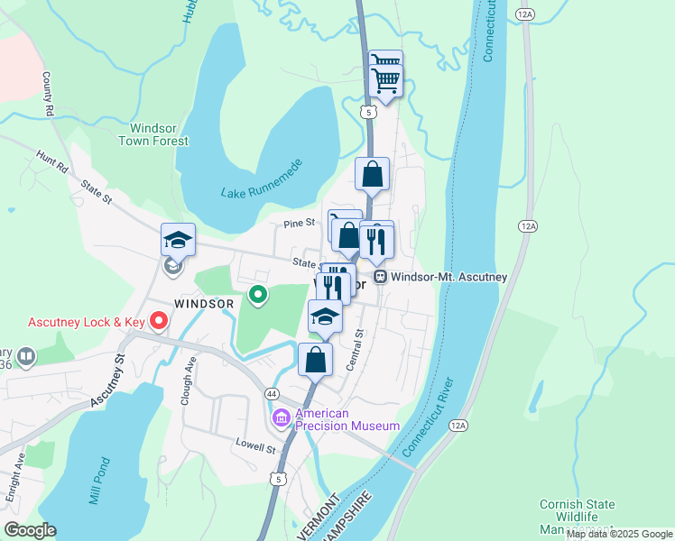 map of restaurants, bars, coffee shops, grocery stores, and more near 18 State Street in Windsor