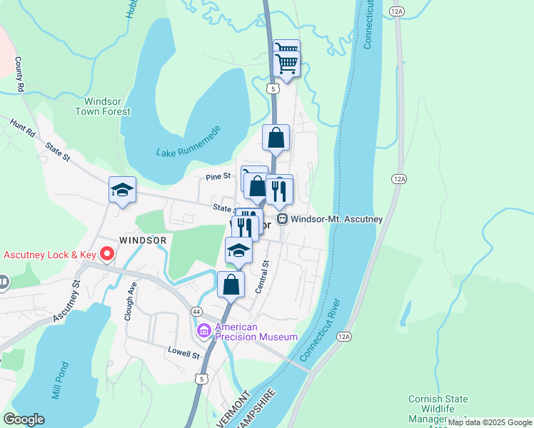 map of restaurants, bars, coffee shops, grocery stores, and more near 5 Depot Avenue in Windsor