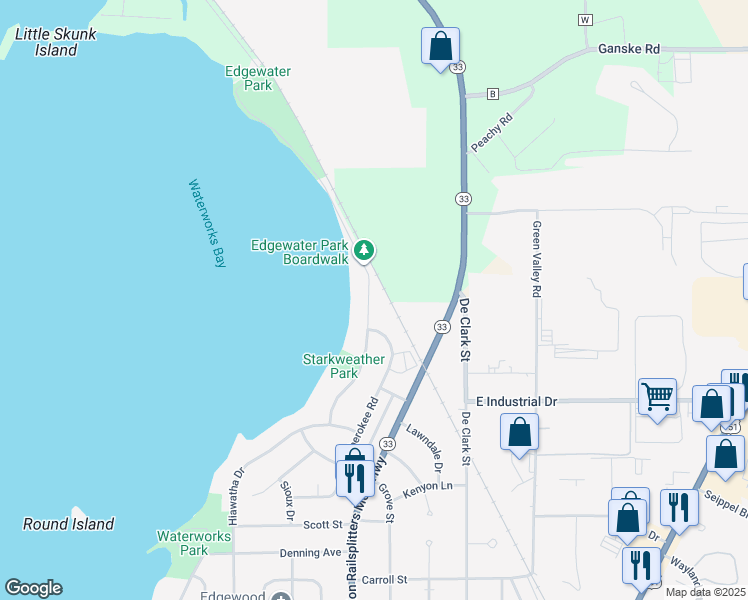 map of restaurants, bars, coffee shops, grocery stores, and more near 327 Starkweather Drive in Beaver Dam