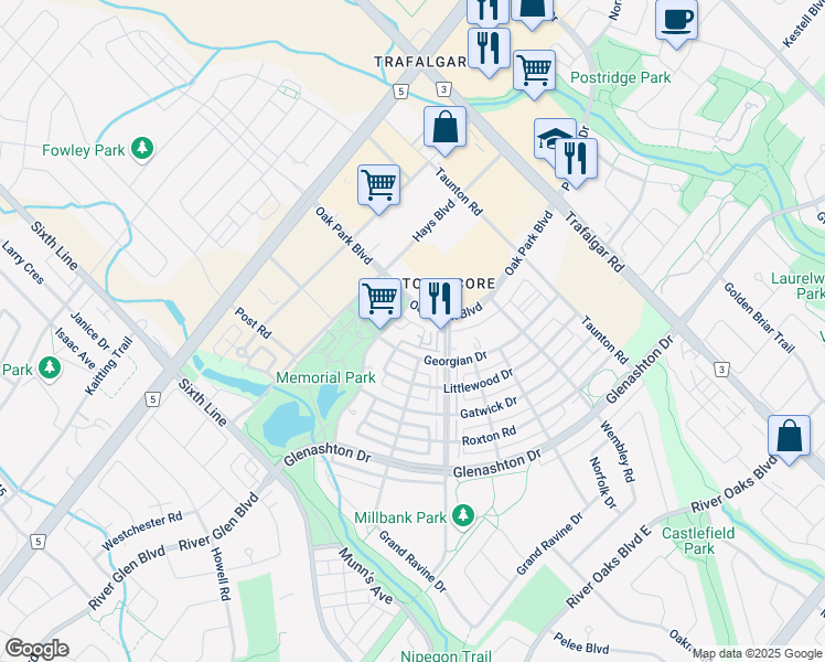 map of restaurants, bars, coffee shops, grocery stores, and more near 2391 Central Park Drive in Oakville