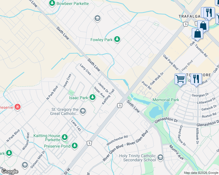 map of restaurants, bars, coffee shops, grocery stores, and more near 3062 Sixth Line in Oakville