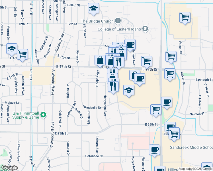 map of restaurants, bars, coffee shops, grocery stores, and more near 1930 Henryanna Avenue in Idaho Falls