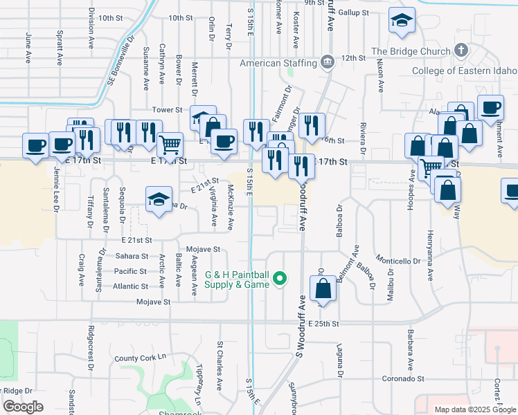 map of restaurants, bars, coffee shops, grocery stores, and more near 1531 Big Sky Way in Idaho Falls