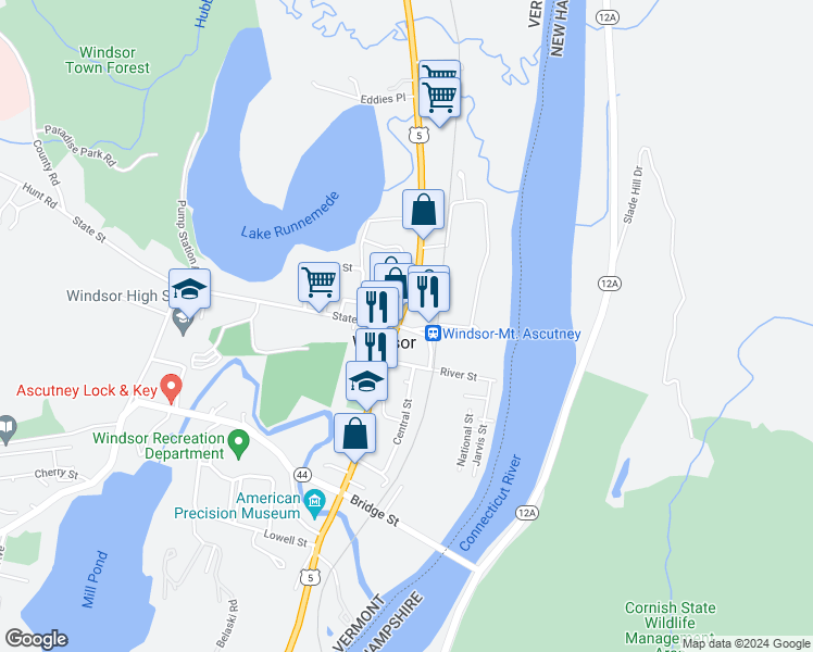 map of restaurants, bars, coffee shops, grocery stores, and more near 9 Depot Avenue in Windsor